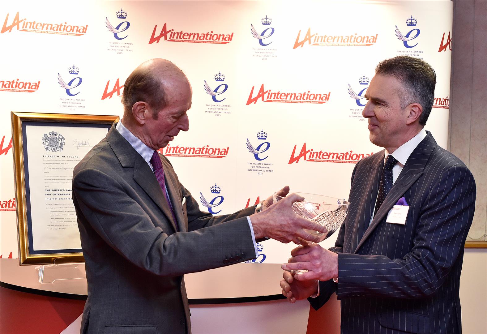 Photo caption: HRH The Duke of Kent presents the Queen’s Award for International Trade to LA International Chairman and Chief Executive Paul Lukic